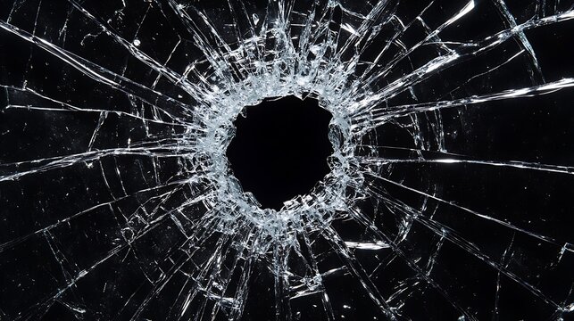 Fractured transparent window glass with a prominent bullet impact hole in its dark surface