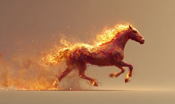 A horse is running through a fire, with its mane and tail on fire