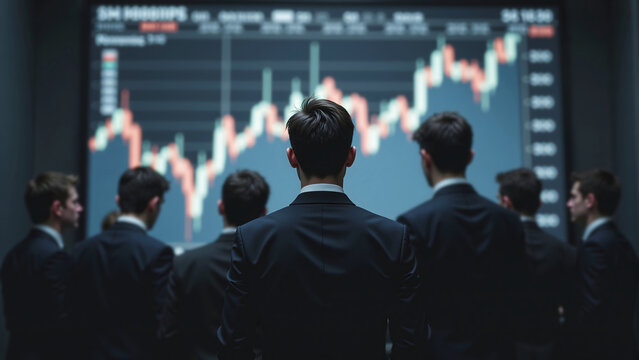 Group of business professionals observing financial graph on large screen, symbolizing investment strategy.
