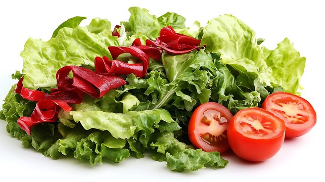 Fresh vibrant green and red salad mix with juicy sliced tomatoes on white background