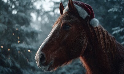 Obraz premium A brown horse with a red hat on its head