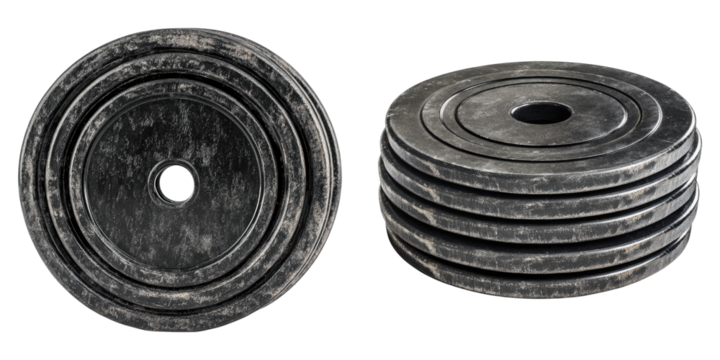 Close-up shots of a stack of weight plates with hole, perfect for gym and fitness enthusiasts 