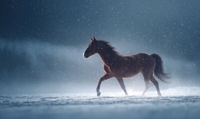 A horse is walking through the snow in the dark