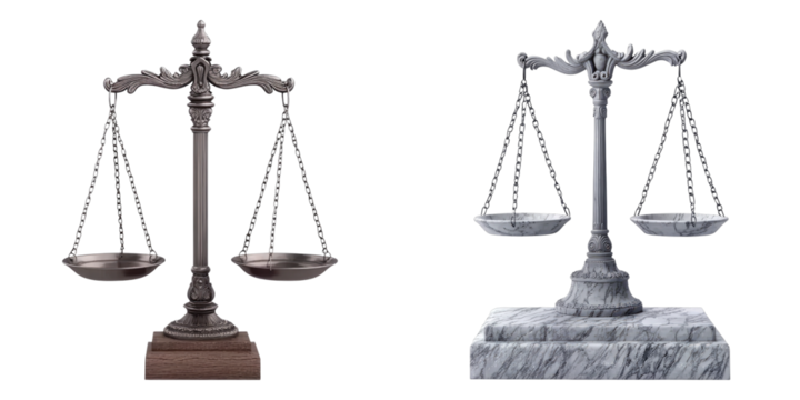 Two classic balance scales, symbolizing justice and judgment, stand against a simple backdrop