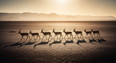 Herd of Gazelles Silhouetted Against a Golden Sunset in the African Savannah.