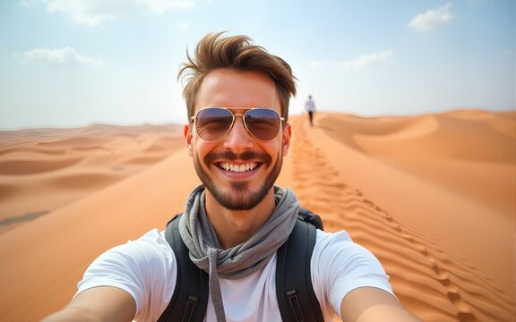 Happy male tourist taking selfie on sand dunes in the Africa desert, Sahara National Park - Influencer travel blogger enjoying trip while takes self portrait - Summer vacation and weekend activities