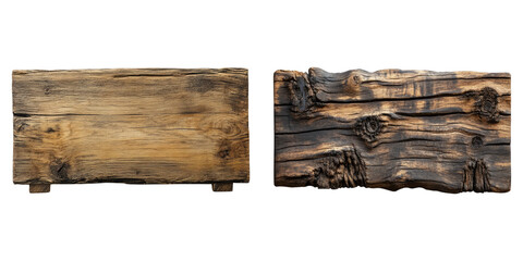 Two weathered wooden planks, showcasing the beauty of natural wood grain and textures. The planks exhibit different tones and patinas, highlighting the unique character of each piece