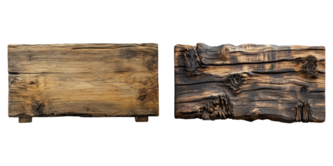 Two weathered wooden planks, showcasing the beauty of natural wood grain and textures. The planks exhibit different tones and patinas, highlighting the unique character of each piece