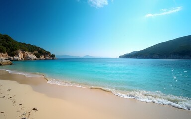 Fototapeta premium Stunning morning view of beach of Zakynthos (Zante) island. Sunny spring seascape of the Ionian Sea, Greece, Europe. Beauty of nature concept background. High quality
