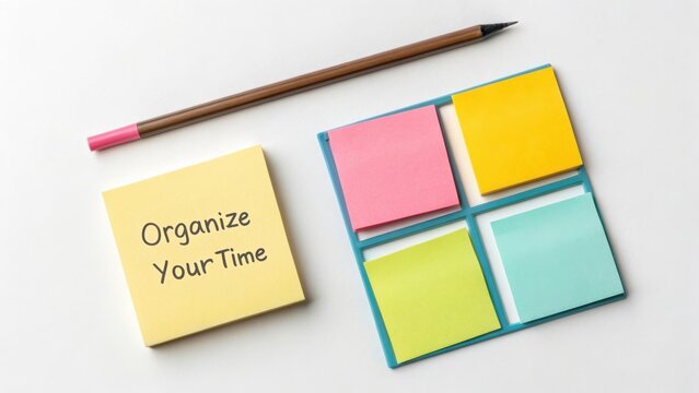 Colorful Sticky Notes on Desk for Time Management and Organization with Pen for Effective Planning and Productivity Strategies