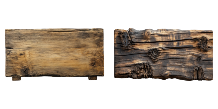 Two weathered wooden planks, showcasing the beauty of natural wood grain and textures. The planks exhibit different tones and patinas, highlighting the unique character of each piece