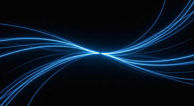 Vibrant blue light trails converge and expand creating a dynamic abstract visual flow, perfect for technology and energy themes.