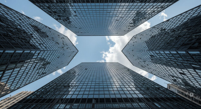 Modern skyscrapers reaching skyward with reflections creating a symmetrical urban architectural marvel for your business projects - Powered by Adobe