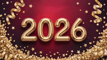 Shiny gold 2026 balloons with confetti and streamers on a red background, perfect for new year celebrations
