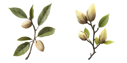 A botanical composition of two different branches, one bearing almond, the other showing budding magnolia flowers. The image showcases the beauty and delicacy of nature