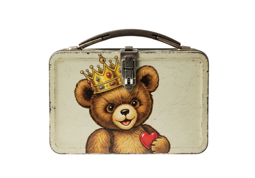 Vintage teddy bear with crown and heart on a small suitcase