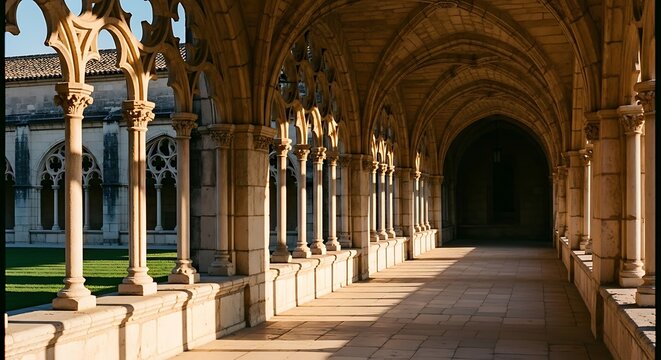 Historic Cloister Walkway with Arches and Sunlight Shadows.