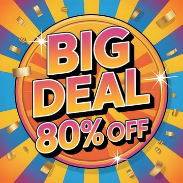 Big deal 80 off sale with a burst of confetti and shining stars for a grand promotion