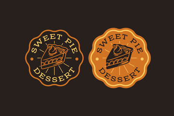 Pie dessert slice retro badge logo design set for bake shop. Sweet pie pastry vintage emblem element design pack for bakery. Cinnamon and potato creamy pie patch vector illustration set for cafes