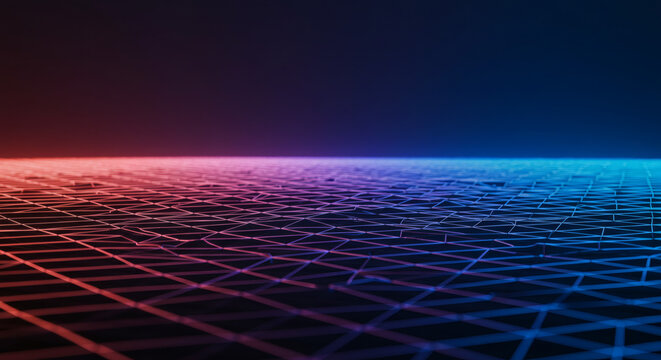 Dynamic digital grid landscape bathed in vibrant neon red and electric blue light creating futuristic cyberspace atmosphere