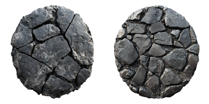 Two circular stone formations, showcasing unique textures and patterns. The image captures the detail of the arrangement, highlighting the variations in texture and design