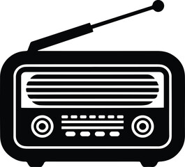 Vintage Retro Radio Silhouette – Black and White Vector of Classic Old Radio Receiver with Antenna for Music, Podcast, and Broadcast Design