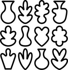 Minimalist abstract vase and leaf shapes icon set. modern line art decorative design for home decor, pottery, and botanical illustration