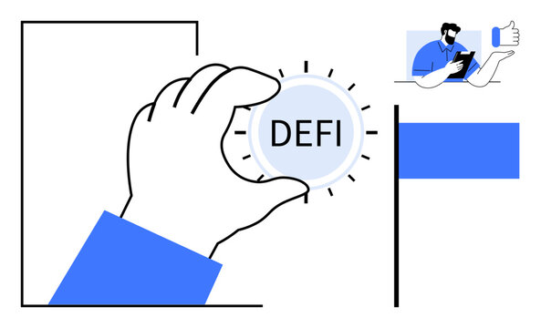 Hand holding a circular DeFi token with glowing effect, showcasing financial technology and innovation. Small figure on a mobile symbolizes interaction, trust. Ideal for finance, blockchain