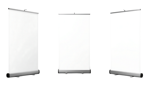 Three blank roll up banner stands in different orientations, isolated on clean white background
