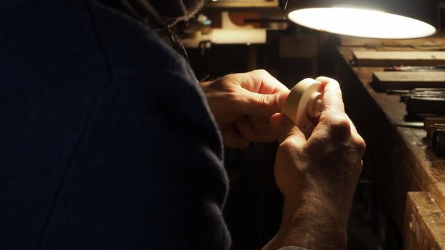 Close-up of a skilled luthier’s hands shaping and fitting tuning pegs on a new violin scroll, illuminated by a warm lamp inside a traditional woodworking workshop, showing precision and craftsmanship.