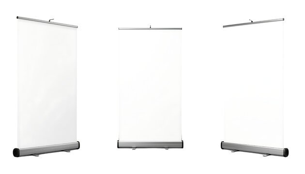 Three blank retractable banner stands in a row, angled slightly, with silver hardware on white background
