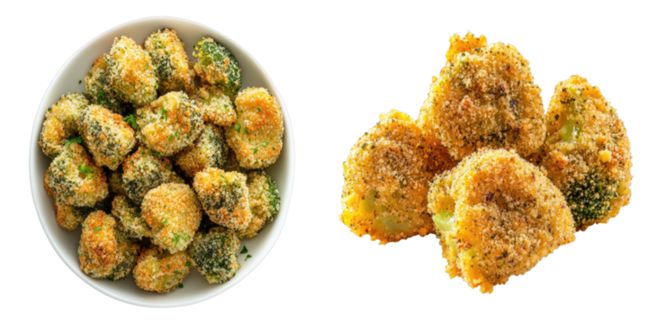 Delicious and crispy fried broccoli florets presented in a bowl and in a group. The image showcases the tempting texture and appealing presentation