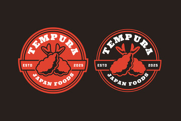 Tempura shrimp retro badge logo design set for Japanese restaurant. Seafood tempura vintage emblem element design pack for street food. Crispy prawn patch vector illustration set for Asian food