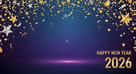 Obraz premium Festive Happy New Year 2026 Celebration with Gold Confetti and Starry Decorations Elegant Design for Holiday Greetings and Joyful Occasions with Sparkling Elements Backdrop