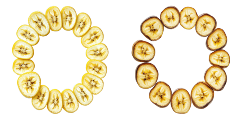 Sliced bananas arranged in circles, showcasing different ripeness levels, with their textures