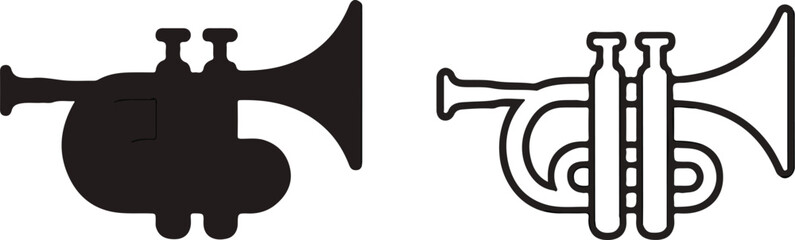 Trumpet illustration in black silhouette and outline on white background
