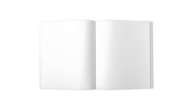 Open book with blank white pages facing upwards, centered on a white background, isolated cutout