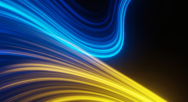 Dynamic abstract flow of vibrant blue and yellow light trails creating a sense of speed and energy perfect for futuristic designs
