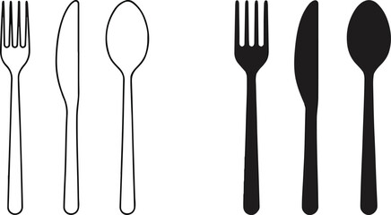 Simple outline and silhouette illustrations of a fork, knife and spoon on white background