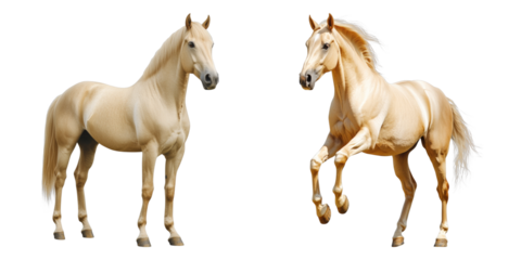 Two majestic palomino horses captured in dynamic poses, one standing and the other rearing up, showcasing their grace and power