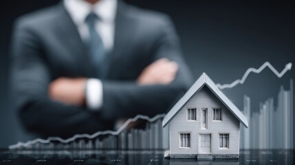 A miniature house and a financial graph overlay.  Confident business professional blurred in the background. Rising real estate value, successful property investment, growth, and financial success.