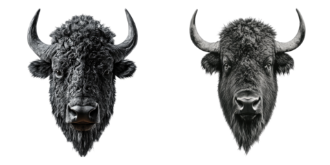 Two majestic bison heads facing forward, captured in monochrome against the light. Their powerful horns and imposing presence create a striking visual impact