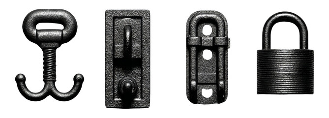 Isolated Set of Black Metal Fasteners and Locks on Transparent Background