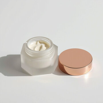 Luxury frosted cosmetic cream jar with rosegold lid on white background