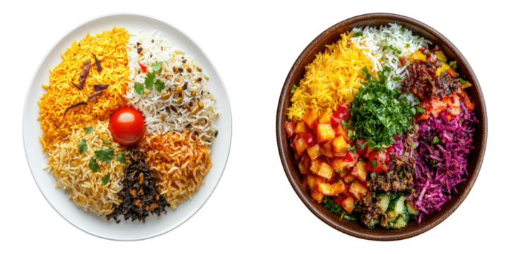 Colorful array of foods presented artistically in a plate and bowl. The variety of ingredients adds to visual appeal and culinary excitement