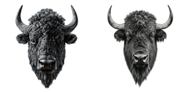 Two majestic bison heads facing forward, captured in monochrome against the light. Their powerful horns and imposing presence create a striking visual impact