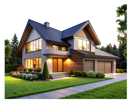 Modern Family House Exterior with Roof, Front View Realistic 3D Rendering, Isolated on Transparent Background