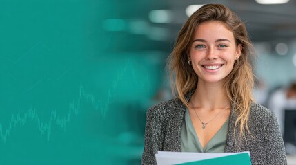 A confident young professional smiles while holding documents, embodying ambition, focus, and optimism in a dynamic financial environment