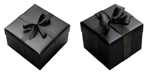 Two elegant black gift boxes, each adorned with a satin bow, showcasing an attractive presentation. The luxurious design and dark hue create a sense of sophistication and anticipation