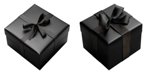 Two elegant black gift boxes, each adorned with a satin bow, showcasing an attractive presentation. The luxurious design and dark hue create a sense of sophistication and anticipation